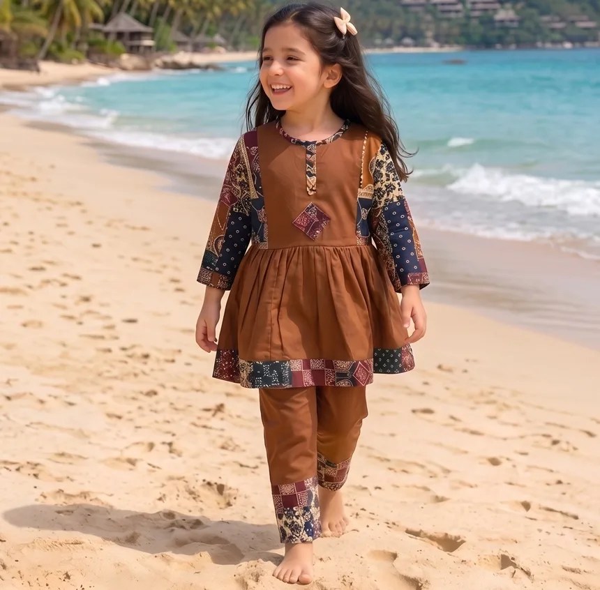 Traditional Girls' Festive Wear - Rust Patchwork Peplum & Palazzo Co-ord Set