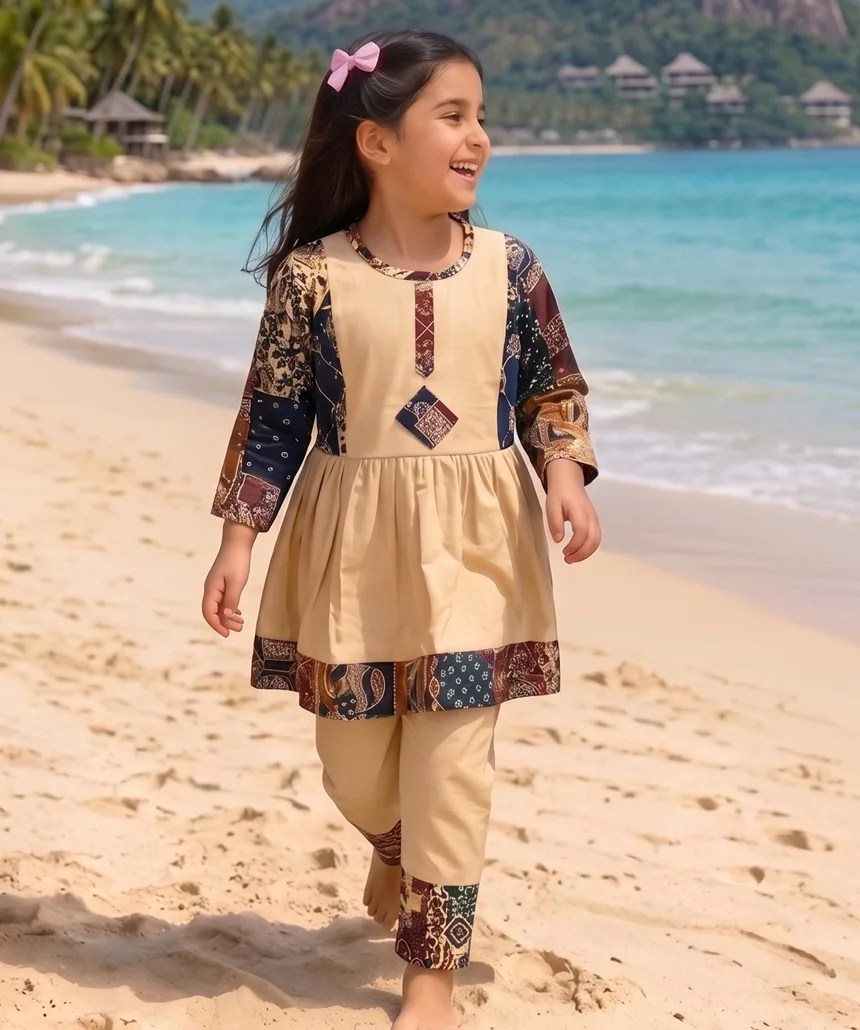 Traditional Girls' Festive Wear - Cream/Beige Patchwork Peplum & Palazzo Co-ord Set