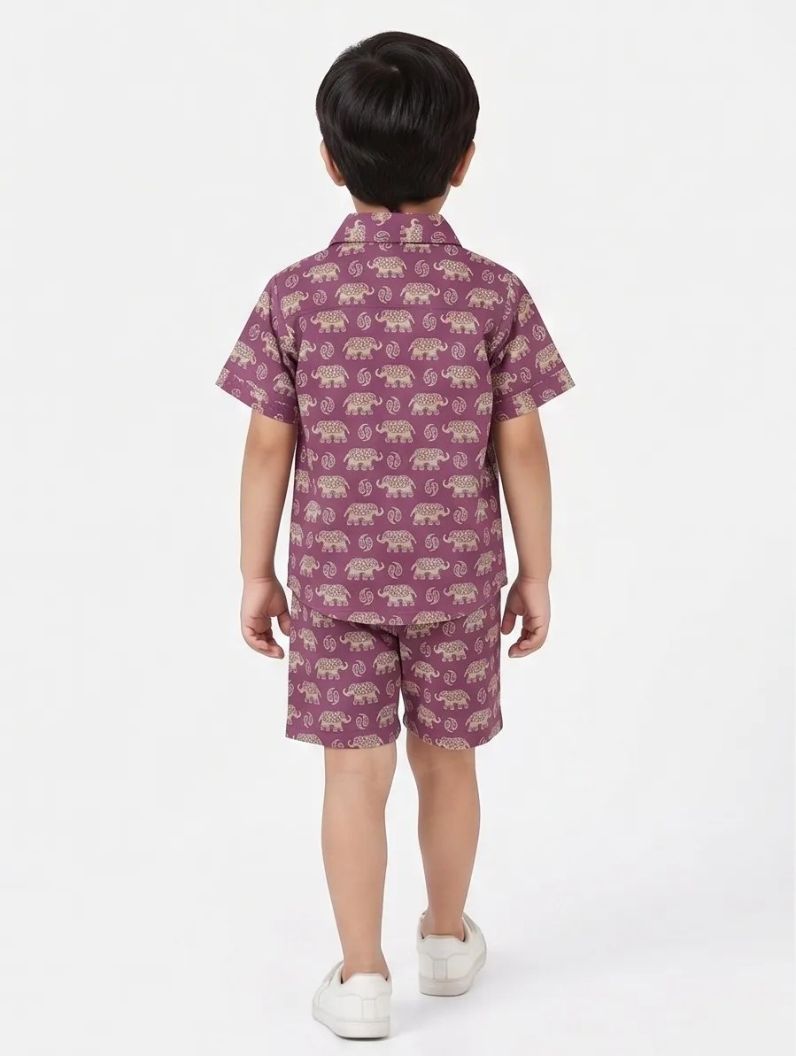 Kids Boys Elephant Print Pink Cotton Co-Ord Set | Summer Wear | Cotton Printed Shirt and Shorts