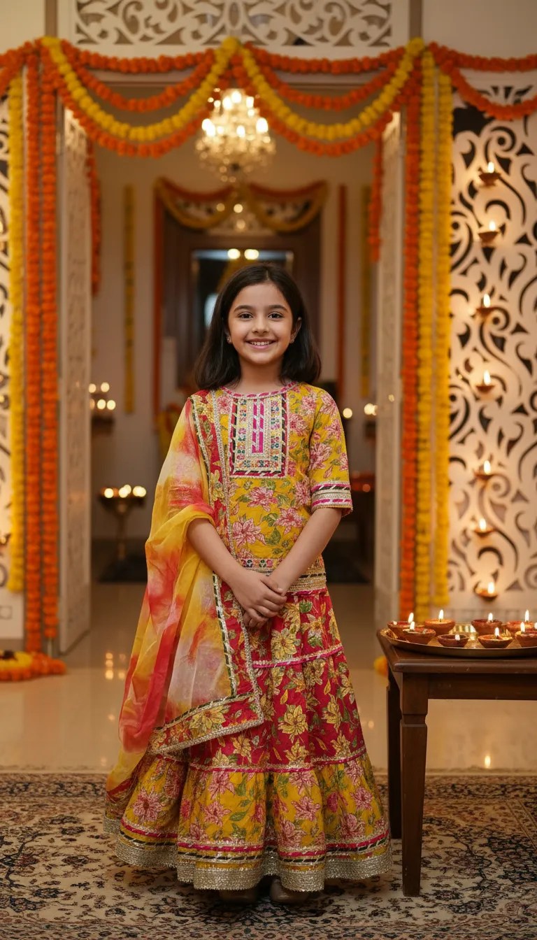 Girls Red and Yellow Floral Lehenga Choli Set with Tie-Dye Dupatta – Kids Festive Ethnic Wear