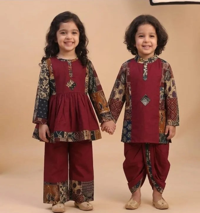 Festive Sibling Collection – Patchwork Peplum Palazzo & Kurta Dhoti Set | Brother & Sister Coordinated Patchwork Traditional Wear