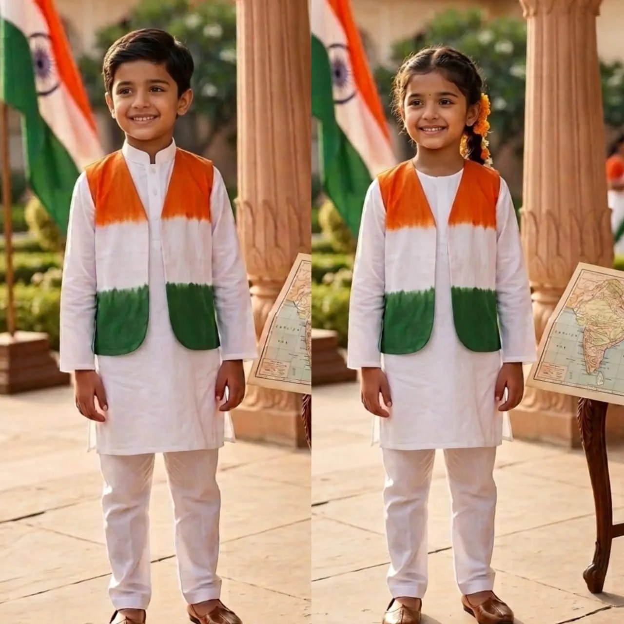 Kids Boys Premium Cotton Kurta Pyjama with Detachable Tiranga Tie-Dye Jacket – Independence Day Special Traditional Ethnic Wear