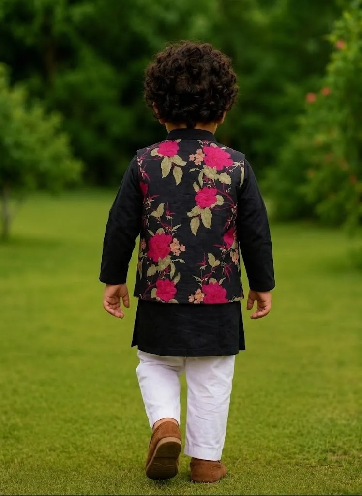 Kids Sibling Ethnic Wear Combo | Girls Black Floral Peplum Top & Pant Set with Boys Kurta Pajama and Floral Jacket | Rakhi, Wedding & Festive Collection