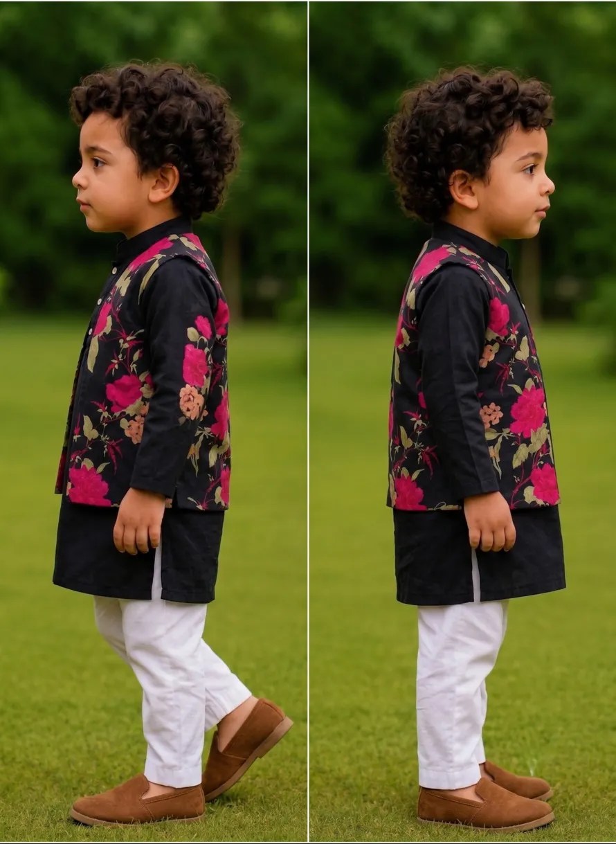 Kids Sibling Ethnic Wear Combo | Girls Black Floral Peplum Top & Pant Set with Boys Kurta Pajama and Floral Jacket | Rakhi, Wedding & Festive Collection