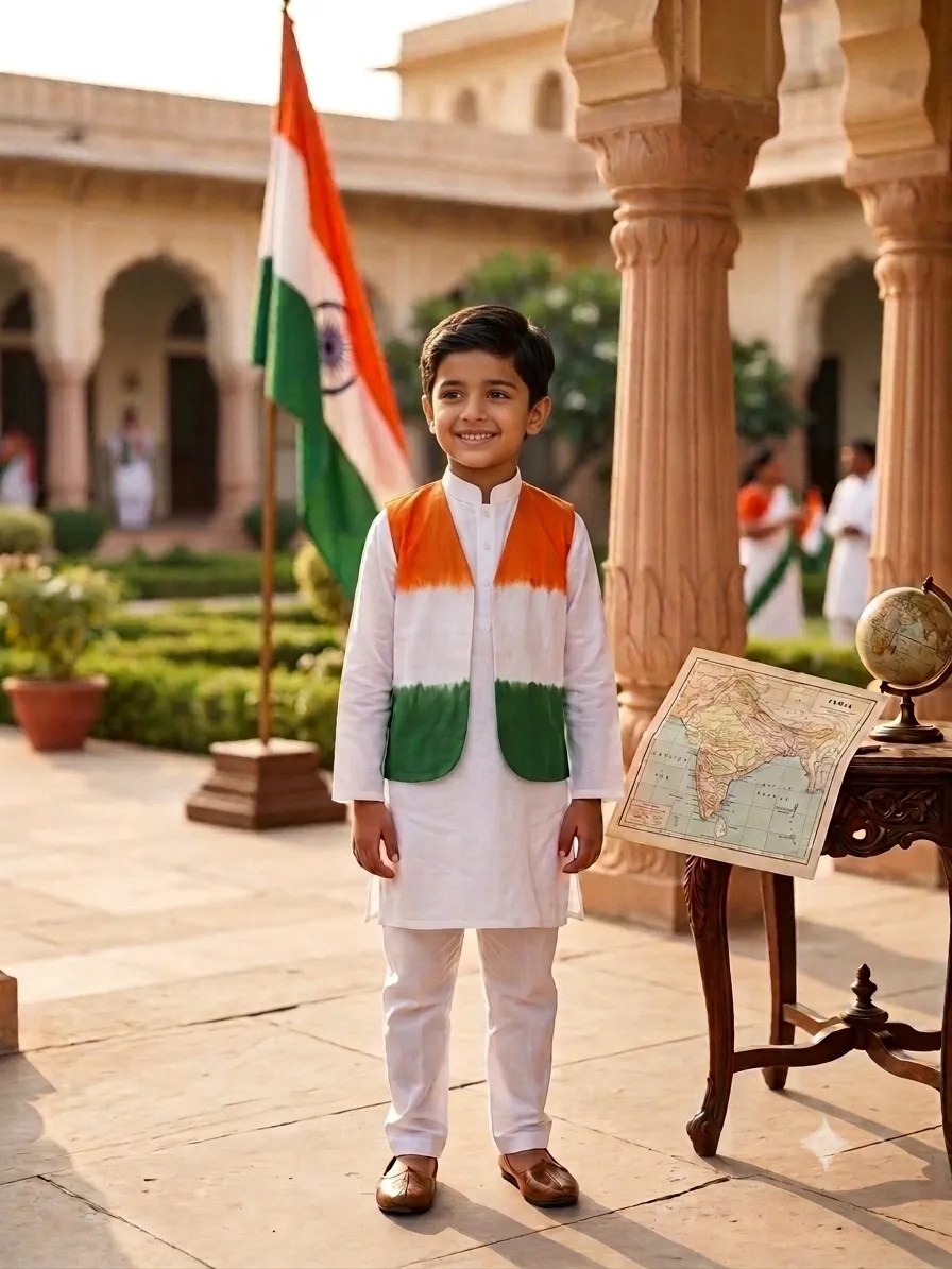 Kids Boys Premium Cotton Kurta Pyjama with Detachable Tiranga Tie-Dye Jacket – Independence Day Special Traditional Ethnic Wear