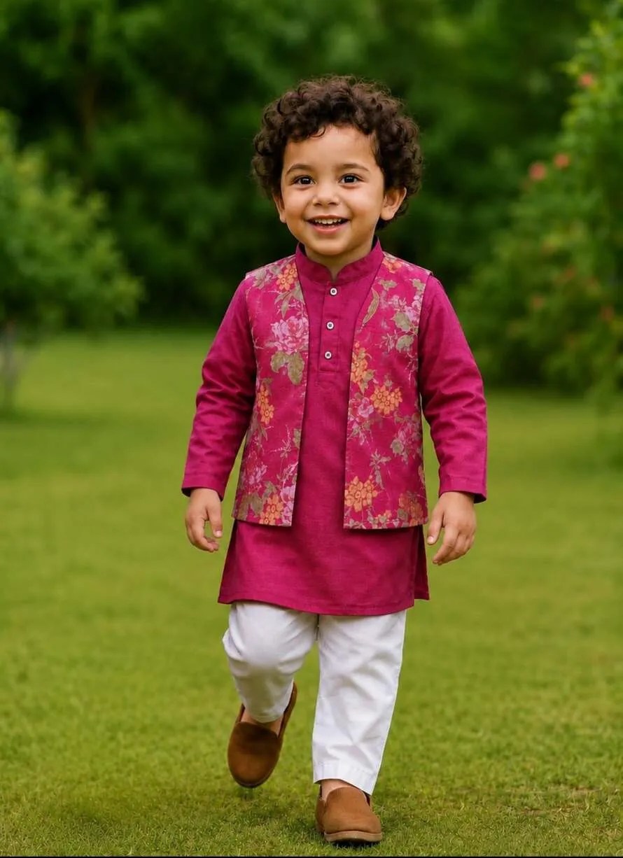 Kids Sibling Ethnic Wear Combo | Girls Pink Floral Peplum Top & Pant Set with Boys Kurta Pajama and Floral Jacket | Rakhi, Wedding & Festive Collection