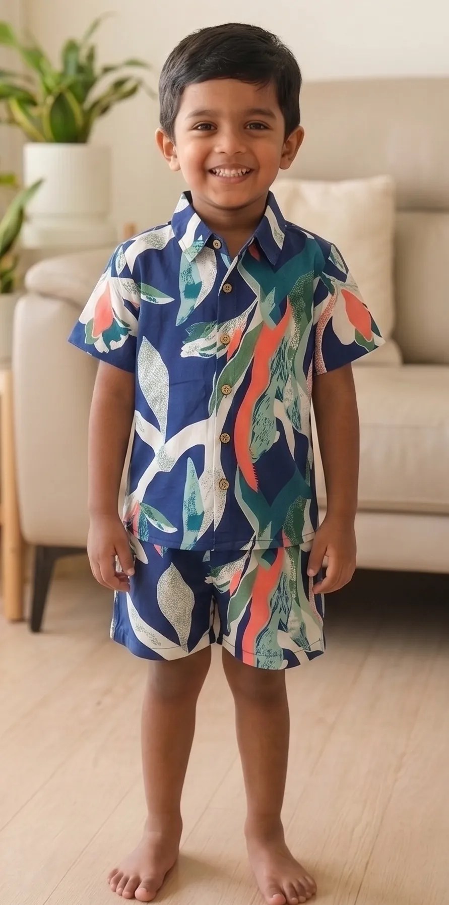 Kids Boys Multicolor Tropical Leaf Print Cotton Co-Ord Set