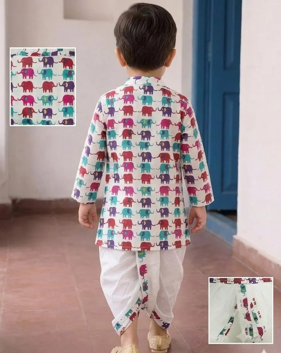 Kids Boys Elephant Print Cotton Kurta with Dhoti Set – Ethnic Wear for Toddlers