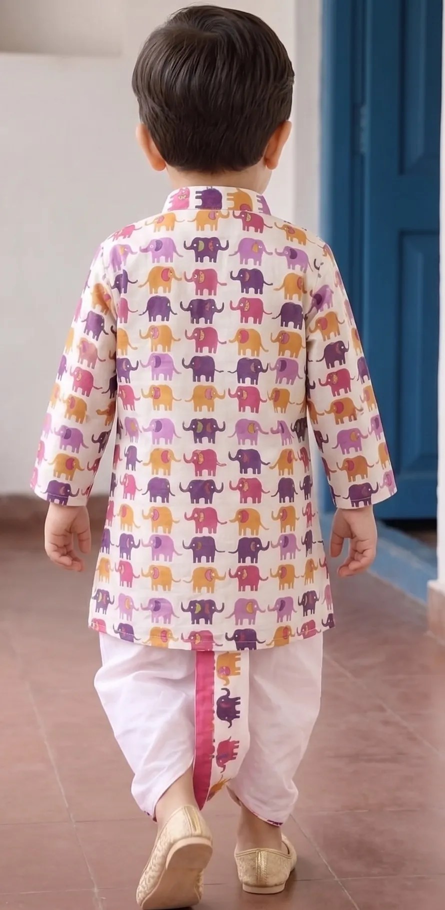 Kids Elephant Print Cotton Kurta with Dhoti Set – Traditional Festive Wear for Boys