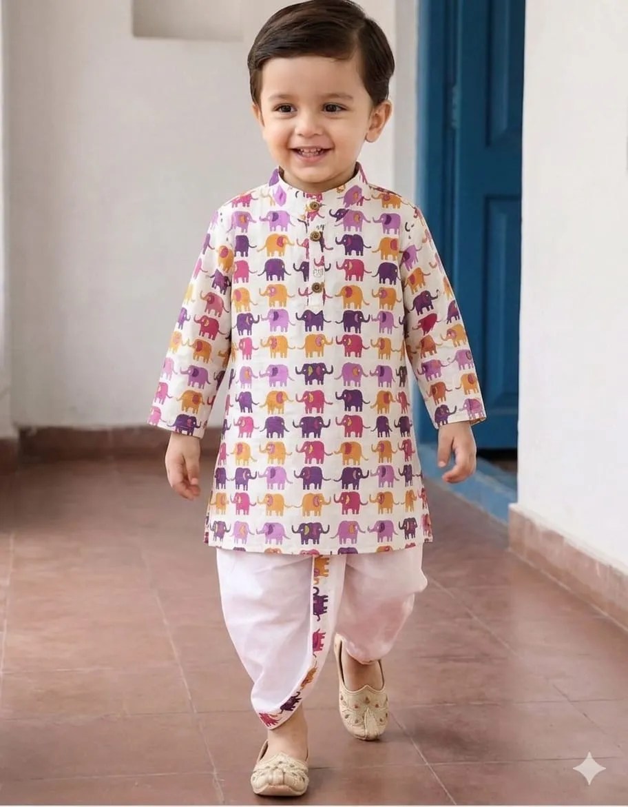 Kids Elephant Print Cotton Kurta with Dhoti Set – Traditional Festive Wear for Boys