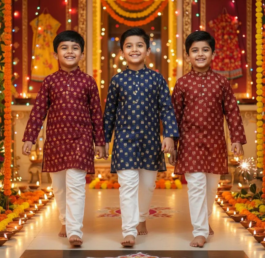 Boys Navy Blue & Gold Printed Kurta Pyjama Set