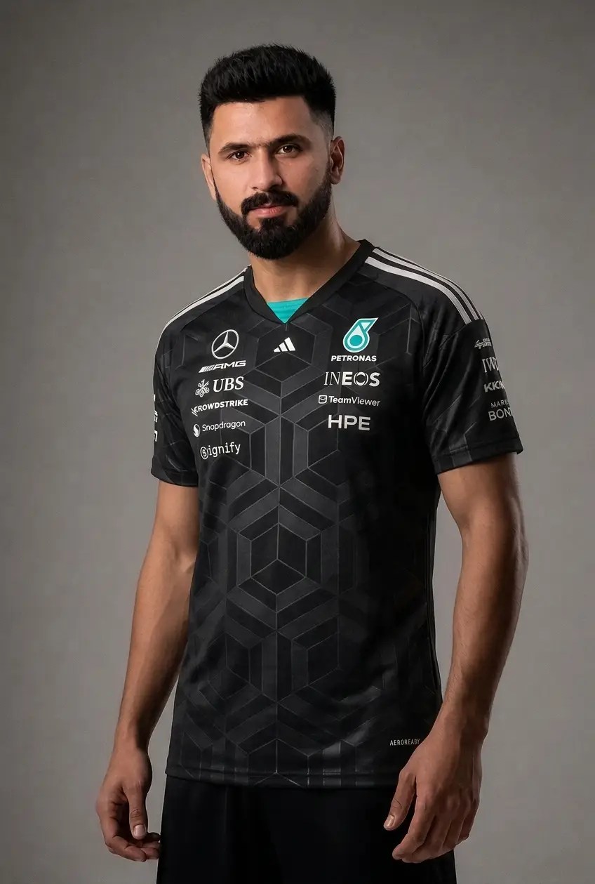 Black Mercedes-AMG race shirt with geometric cube pattern, front view