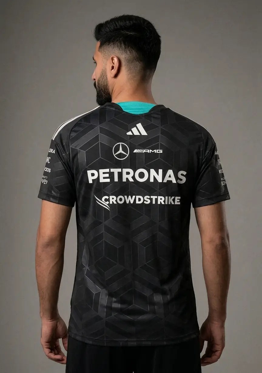 Rear view of the black racing jersey with turquoise collar trim