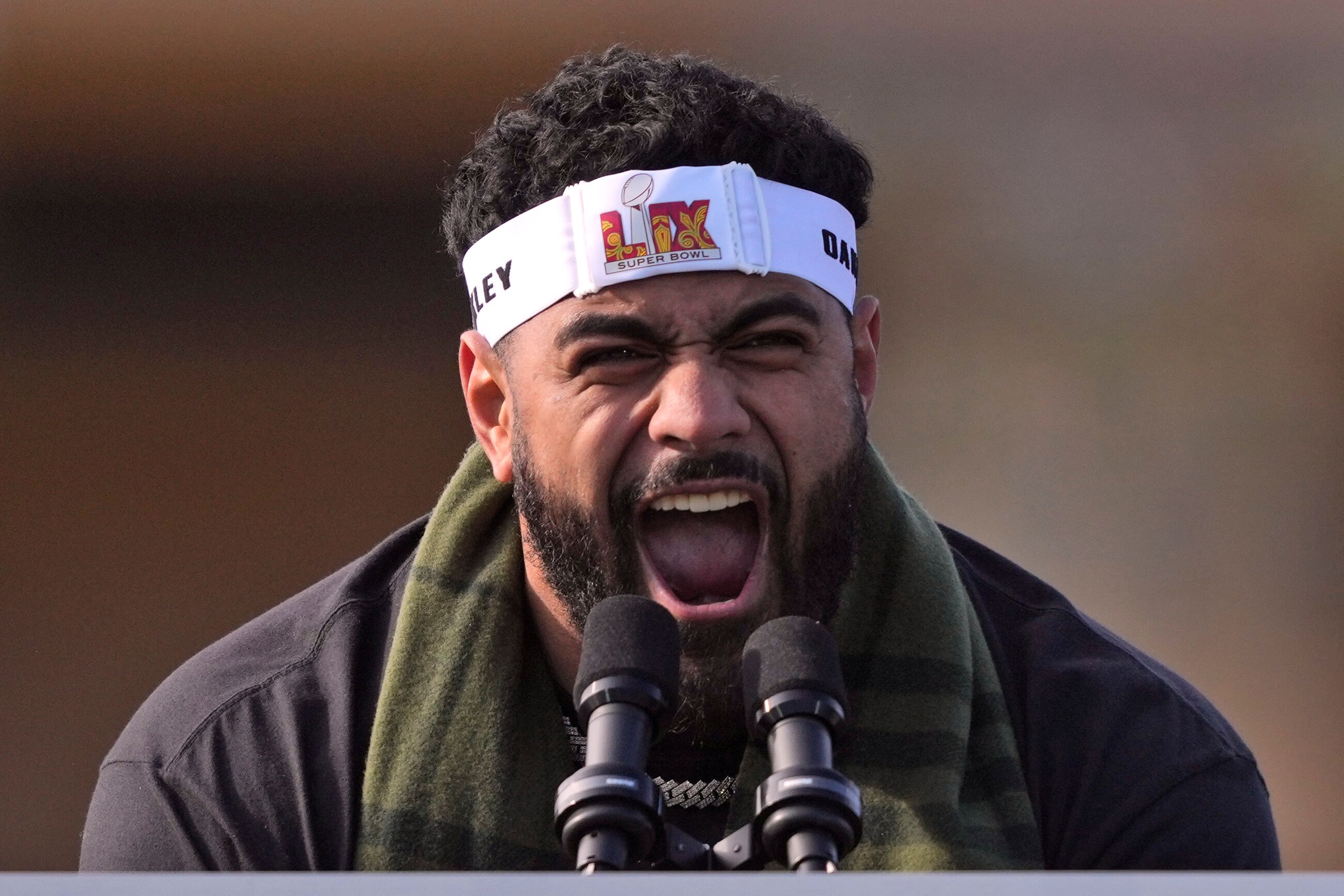 Australian Jordan Mailata celebrates Philadelphia Eagles’ Super Bowl with We Are The Champions at parade