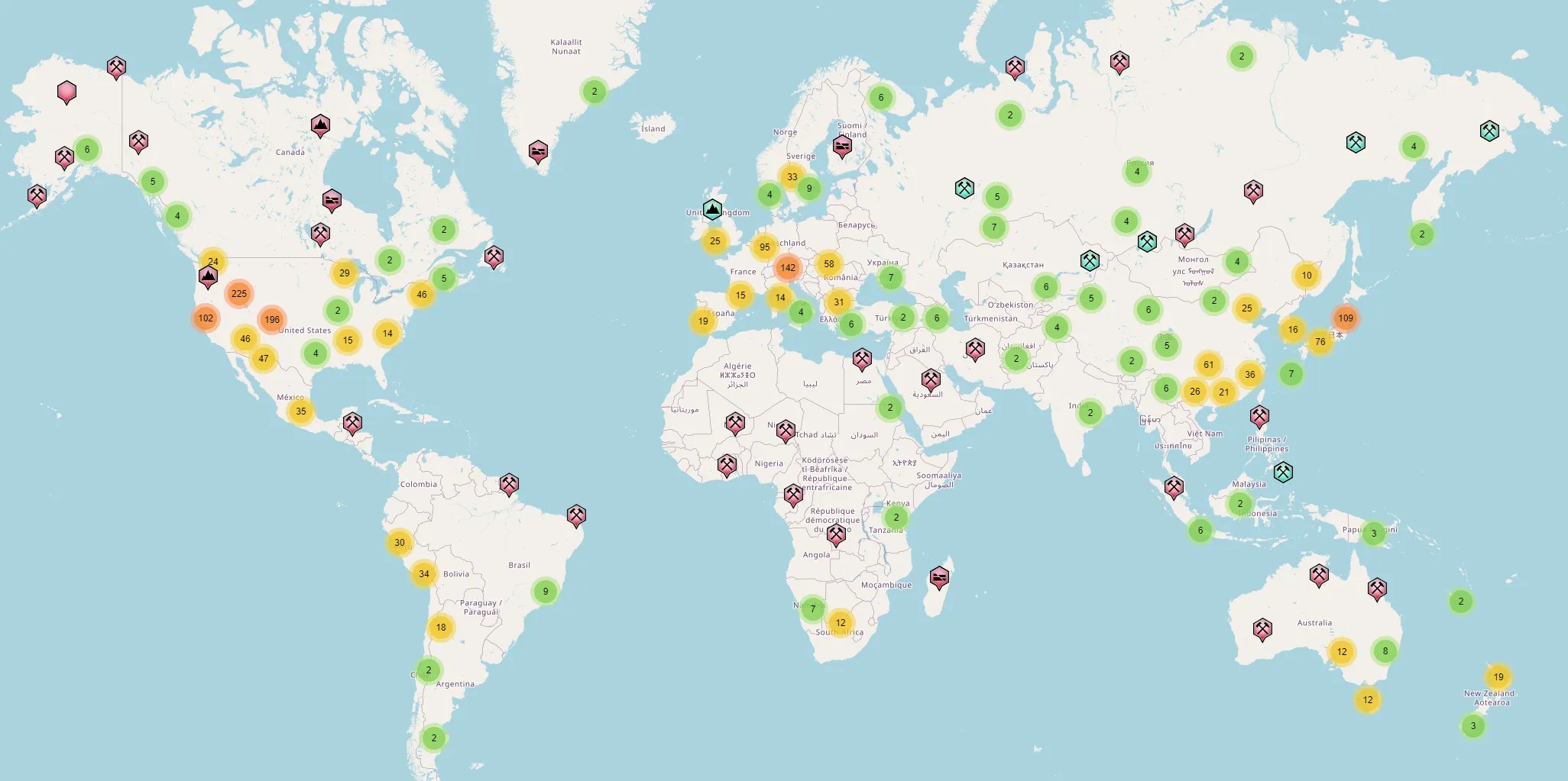 Carte des gisements de Rhodochrosite dans le monde (source mindat.org)