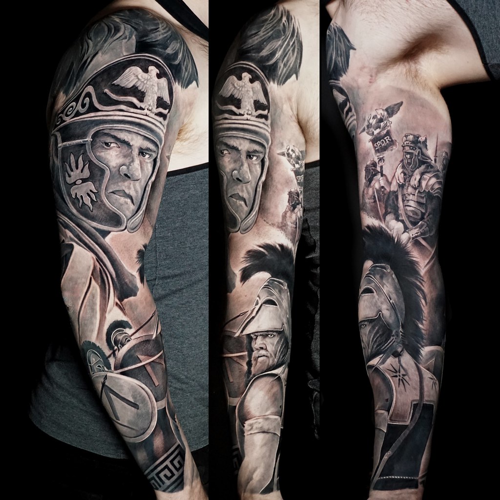 Black And Grey Full Sleeve Realism Tattoo Of Roman And Greek Warriors London A Photo On Flickriver