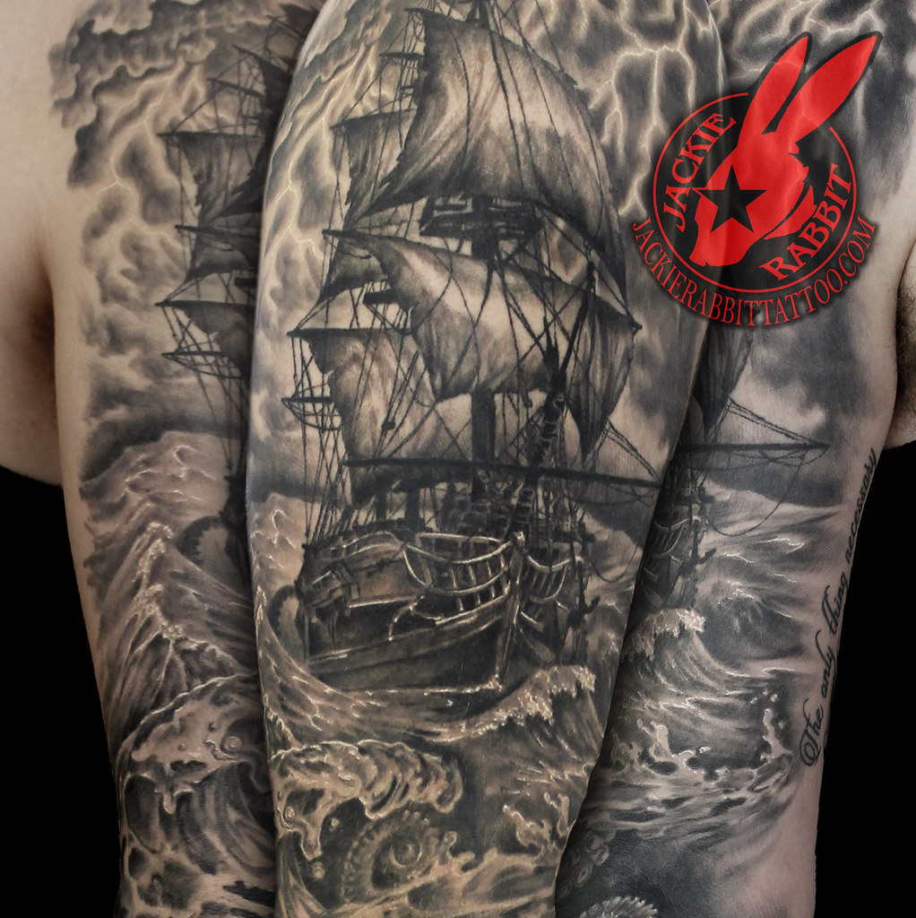 Pirate Ship Pirates Black Pearl Galleon Sea Ocean Storm Sky Lightening Realistic 3d Waves Sleeve Tattoo By Jackie Rabbit A Photo On Flickriver