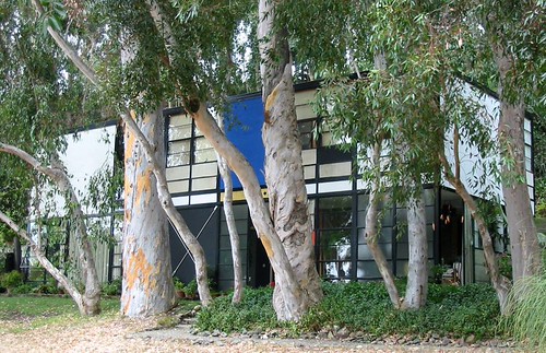 Eames House exterior view showcasing its modernist architecture.