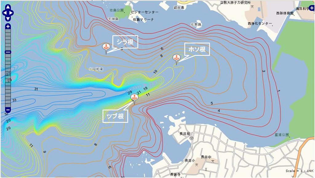 海図（海底地形図）で見る釣りポイント（神奈川県、三浦半島、長井）