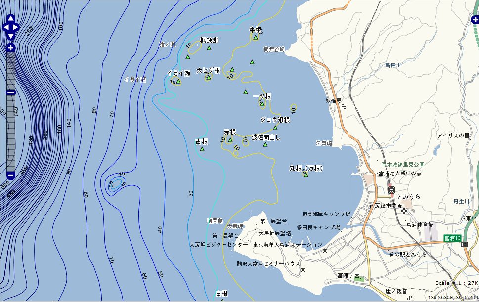 海図（海底地形図）で見る釣りポイント（千葉県、房総半島、富浦）