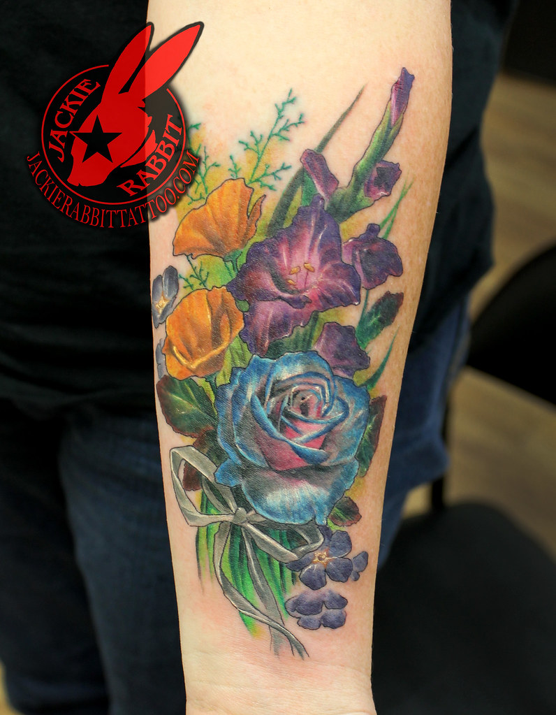 Color Realistic 3D Flower Rose Poppy Sisters Ribbon Tattoo… | Flickr 1023_x_796_jpg