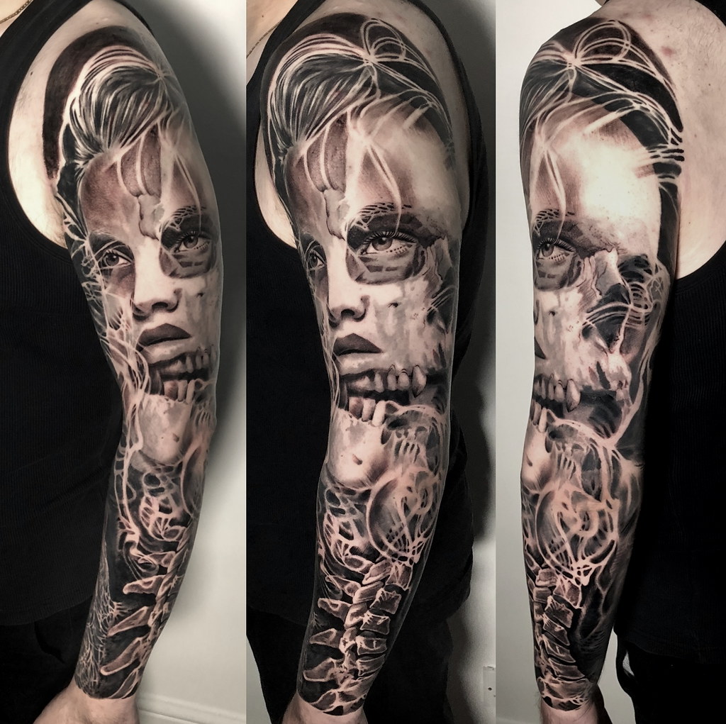 Skull And Lady Portrait Full Sleeve Black And Grey Realistic Tattoo Best London Artist Uk A Photo On Flickriver