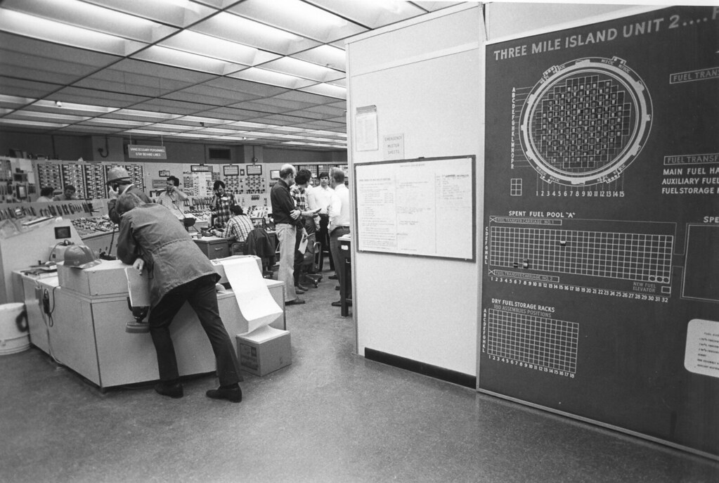 Operators and technical staff inside the Three Mile Island Unit 2 control room during the 1979 accident.