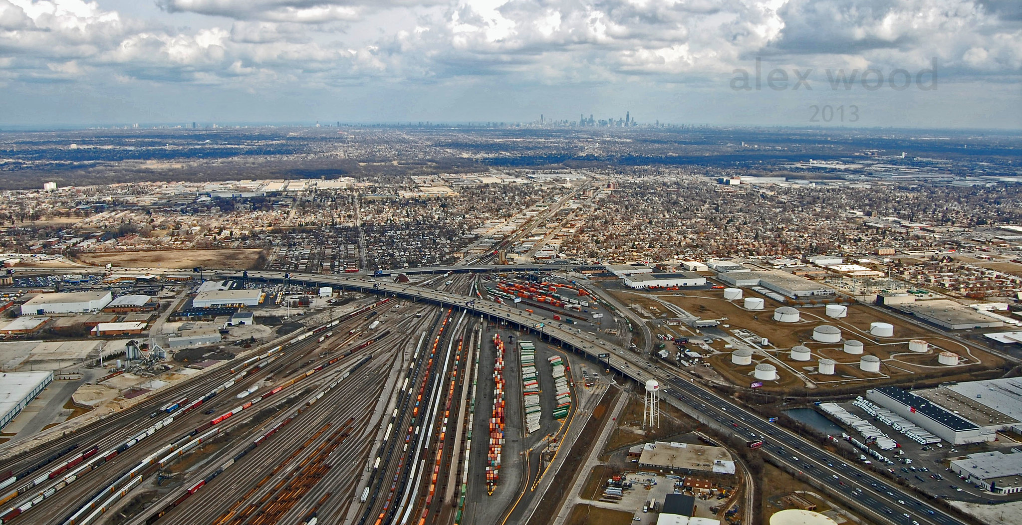 Bensenville yard aerial. chicago in the background.