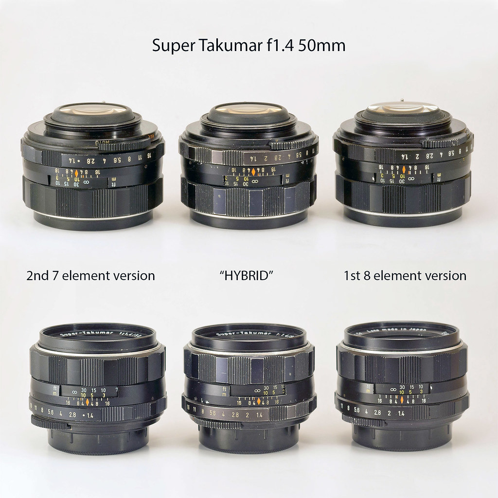 1 1 4 50 358 8 Element Takumar Field Guide This new Super-Takumar 14 50mm is the first to introduce the new 5 digit model product number inscribed onto the back of its aperture control switch. 1 1 4 50 358 8 Element Takumar Field Guide I just recently bought a Pentax Spotmatic SP with the Super Takumar 50 f14 and i think its the 8 element version since have A mark instead of Auto also have the infrared on the left of the 4 but reading this post i think my SN doesnt fit in 8 element.