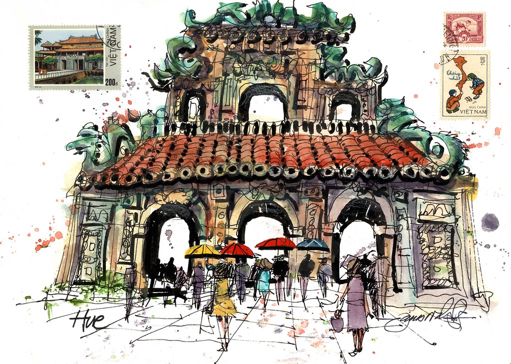 Freehand drawing and discovery, enhanced edition: Temple Gate Hue Vietnam 10 Minute Line Sketch On Location Flickr