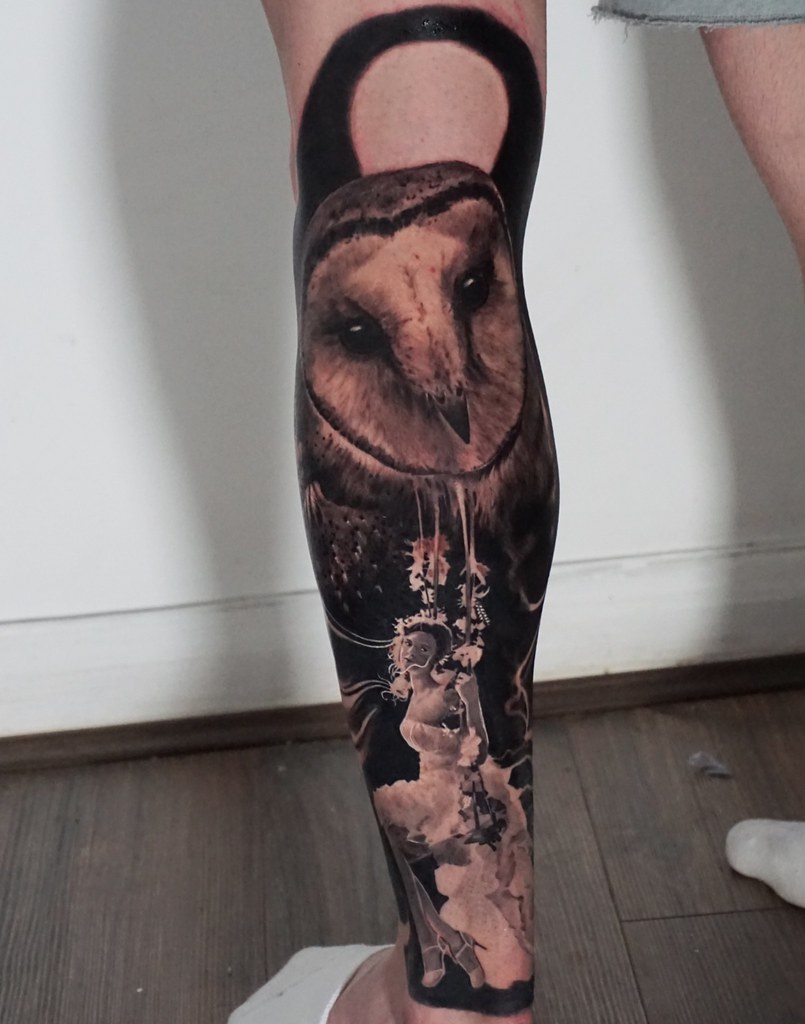 Black And Grey Realistic London Tattoo Of A Owl Portrait And A Girl On The Swing A Photo On Flickriver