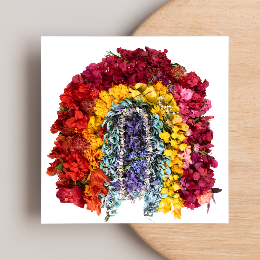 Let Love Bloom Greeting Card Front - Vibrant floral arrangement in rainbow colors on a 5x5 card.