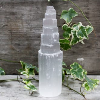 Natural Selenite Tower - 20 cm crystal tower against a rustic background with green ivy leaves.