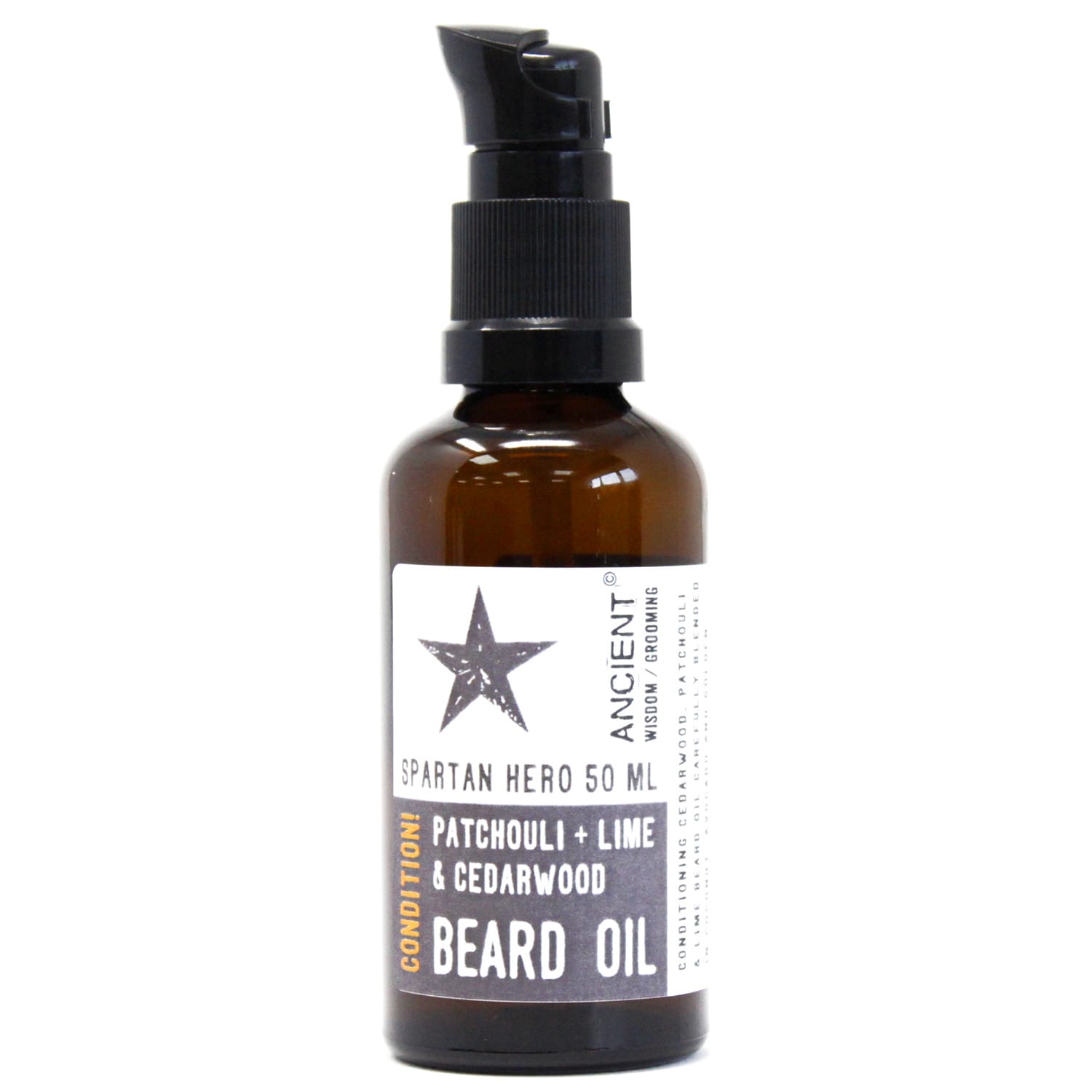 Spartan Hero Beard Oil in 50ml bottle with a blend of patchouli, lime, and cedarwood essential oils for conditioning and nourishing beards.