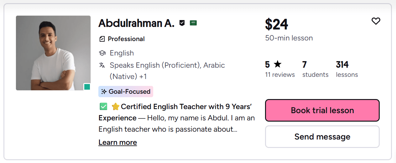 Abdulrahman’s Preply profile showing more than 300 lessons and a 5-star rating