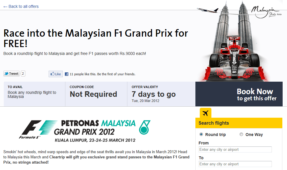 Free Malaysian F1 Tickets On Buying Air Tickets To Malaysia