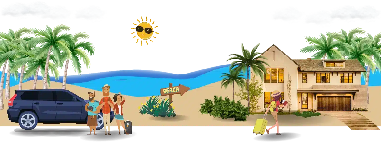 Mui Ne travel guide - beach, house, and tourists illustration
