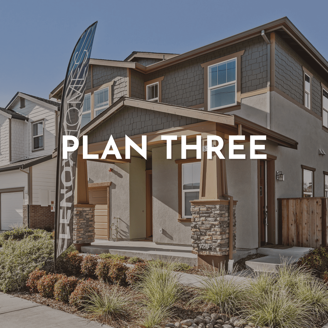Modern two-story house with "Plan Three" text.