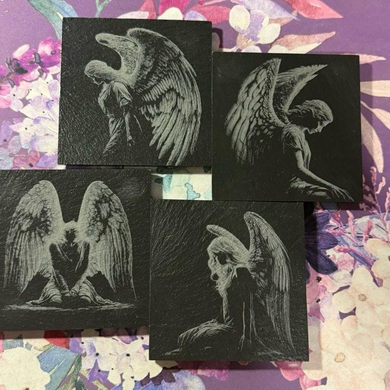 Engraved Angel Slate Coasters – Set of 4 – Natural Stone Christian Home Decor & Gift