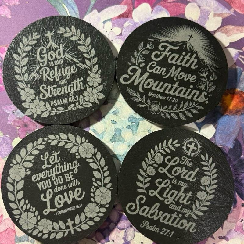 Engraved Scripture Slate Coasters – Set of 4 – Christian Faith & Bible Verse Home Decor