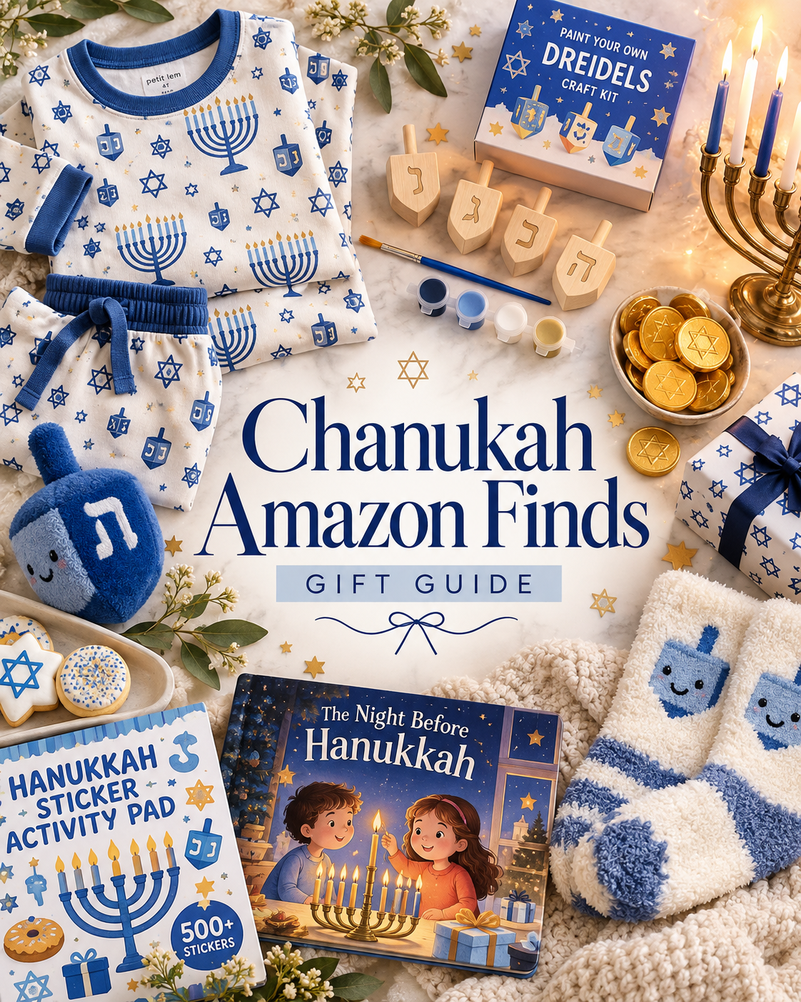 Chanukah gift guide flat lay with menorah pajamas, a paint your own dreidel kit, gelt, dreidel socks and a Hanukkah sticker pad