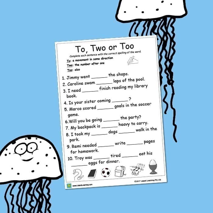 Homophones - To, Two, Too - Worksheet