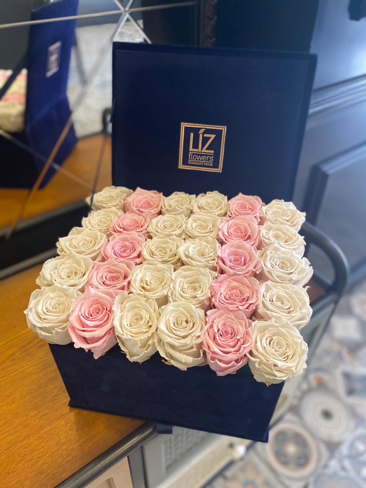 Lacivert Kutuda Solmayan Gül Aranjman