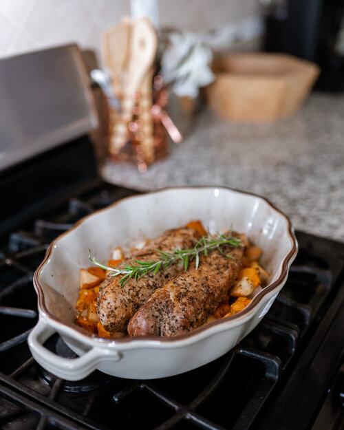 Honey Glazed Pork Loin with Sweet Potatoes, Apple and Onion Medley