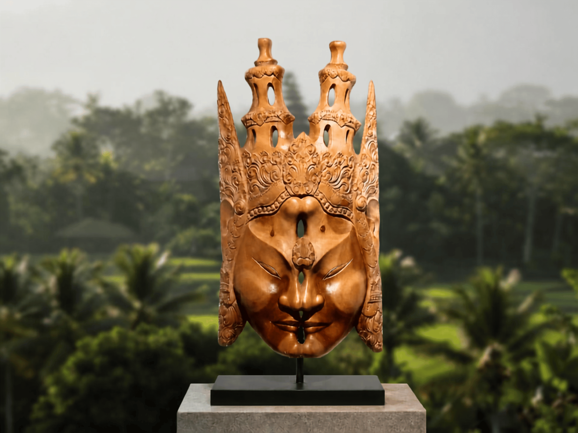 Intricate carved wooden two faces mask sculpture