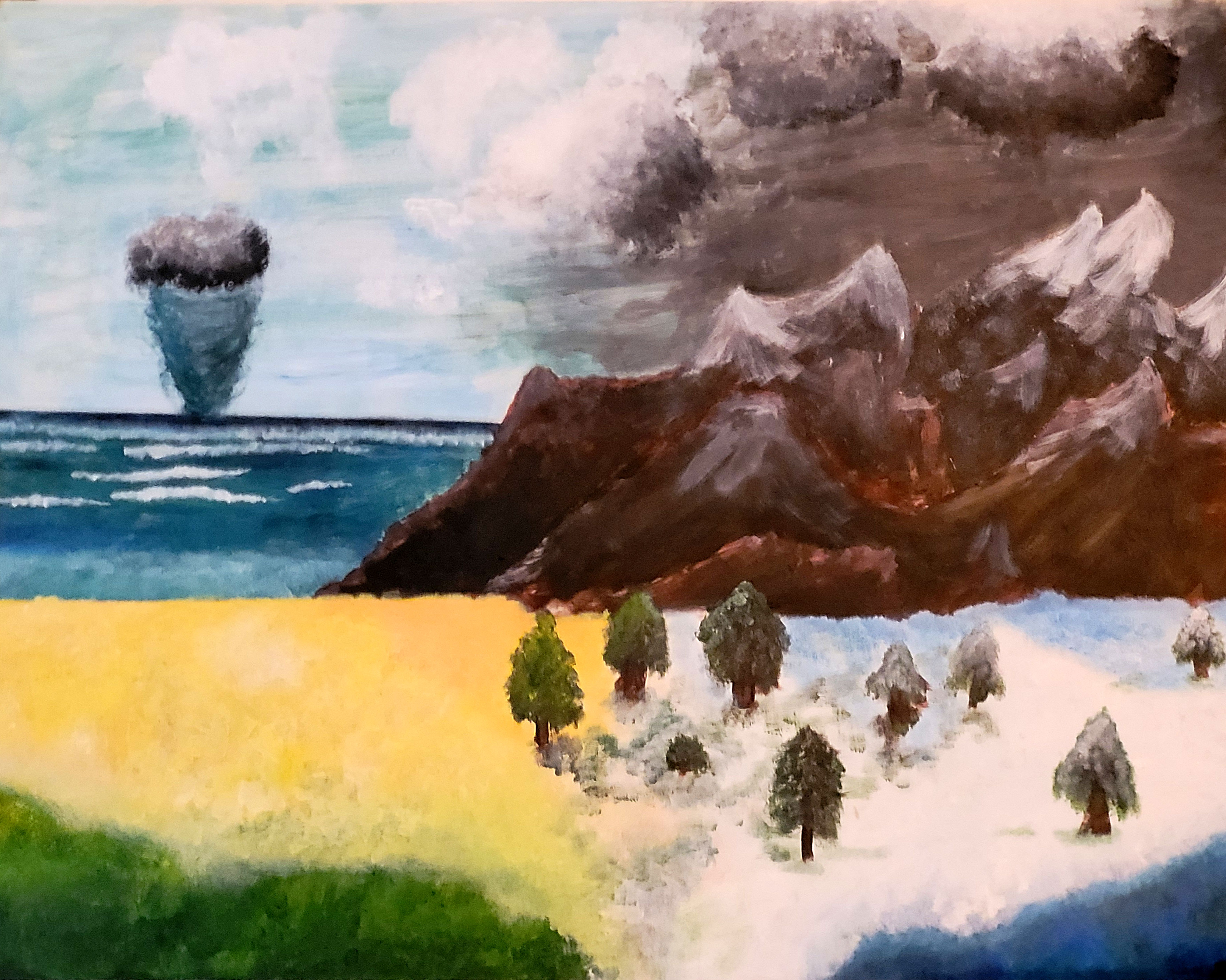 Acrylic painting combining multiple contrasting landscapes, including beach, mountains, storm, snow, and grassland scenes.