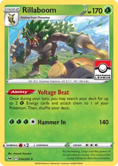 Rillaboom (고릴타) (Pokemon League) (Reverse Holo) - 14/202 - Sword & Shield - Sword & Shield - Near Mint - (영문판)