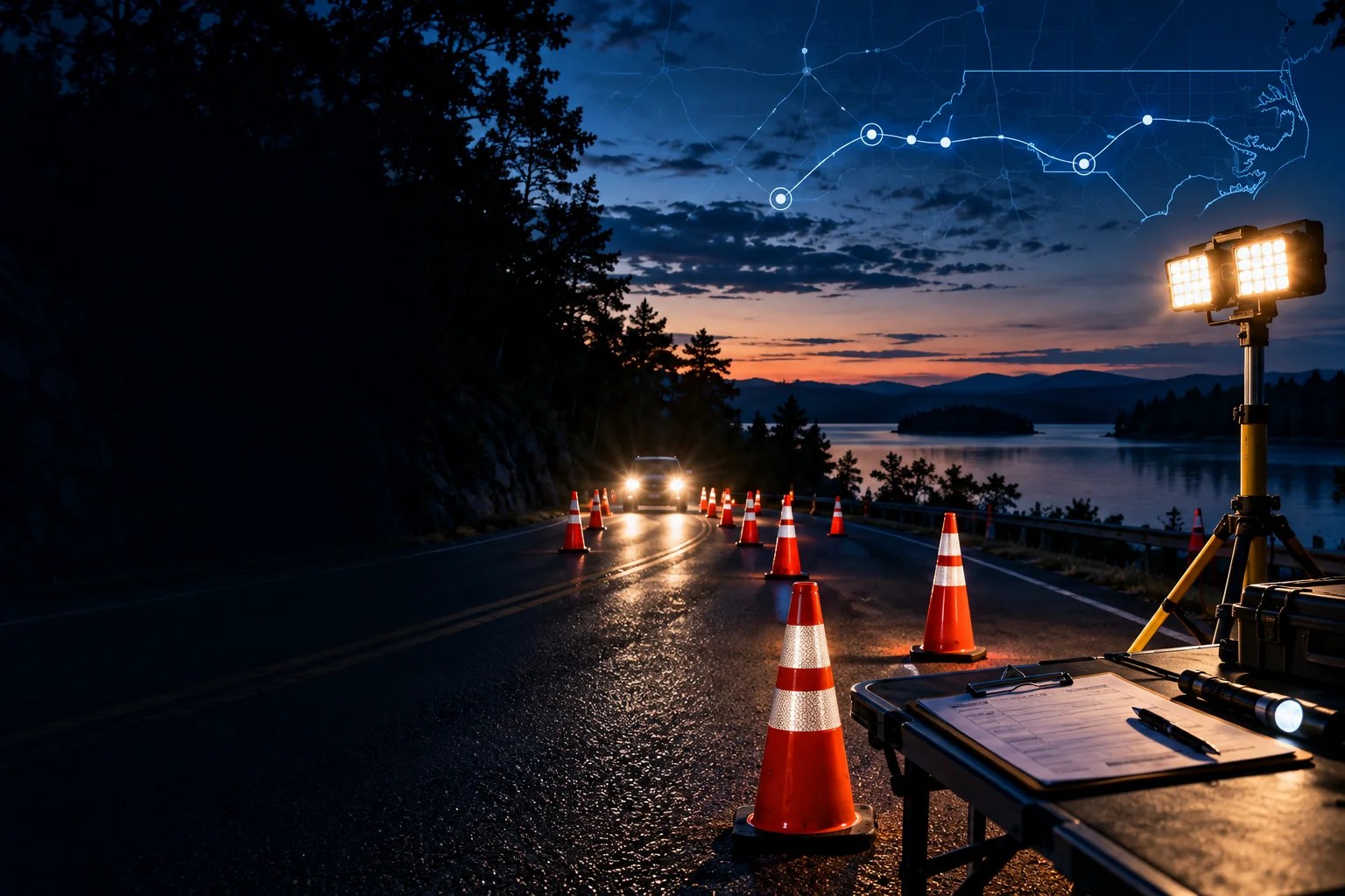 Traffic cones, a clipboard, and an empty twilight road — editorial illustration.