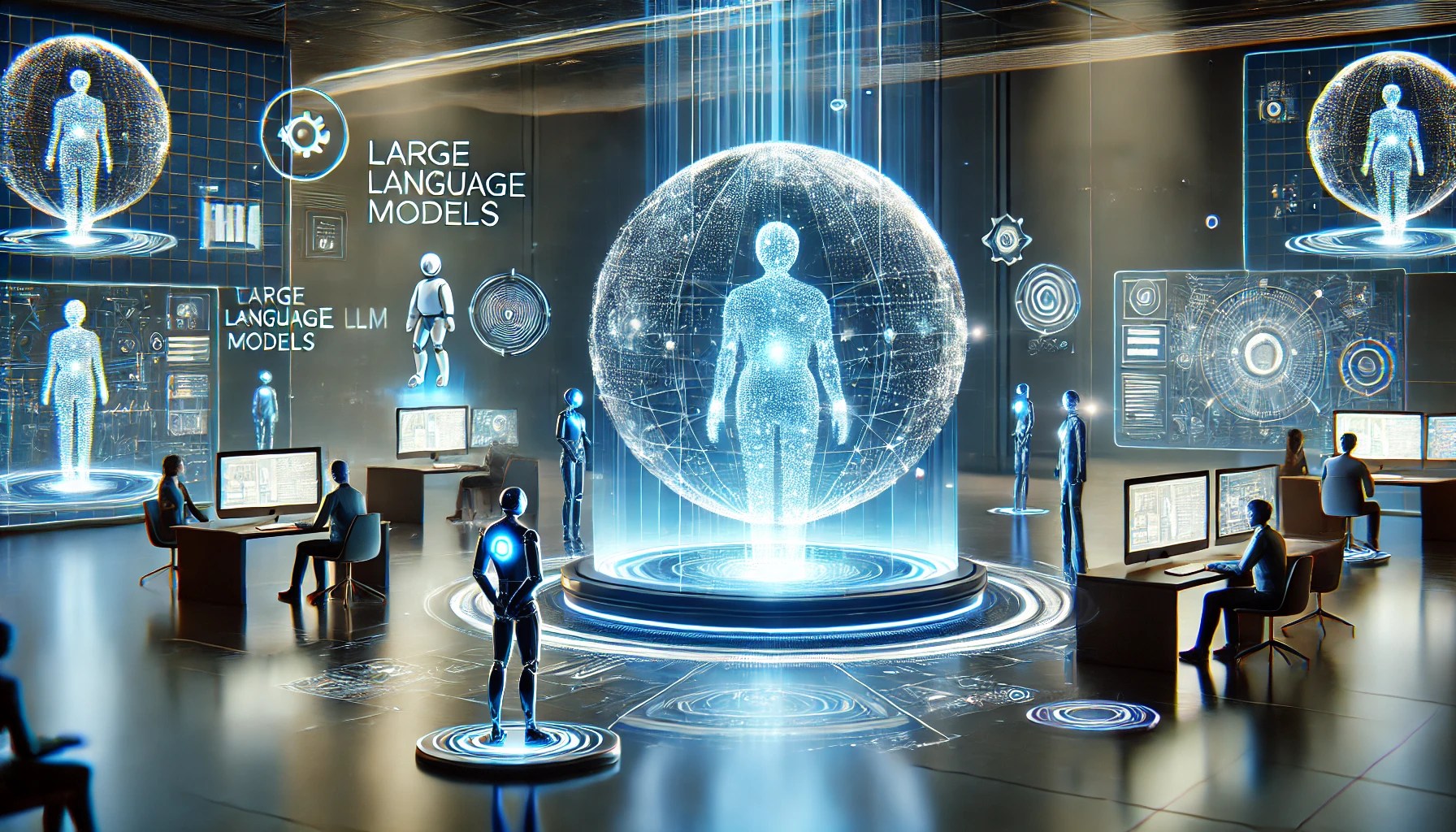 Futuristic scene featuring AI systems and large language models (LLMs) interacting with digital interfaces in a high-tech workspace.
