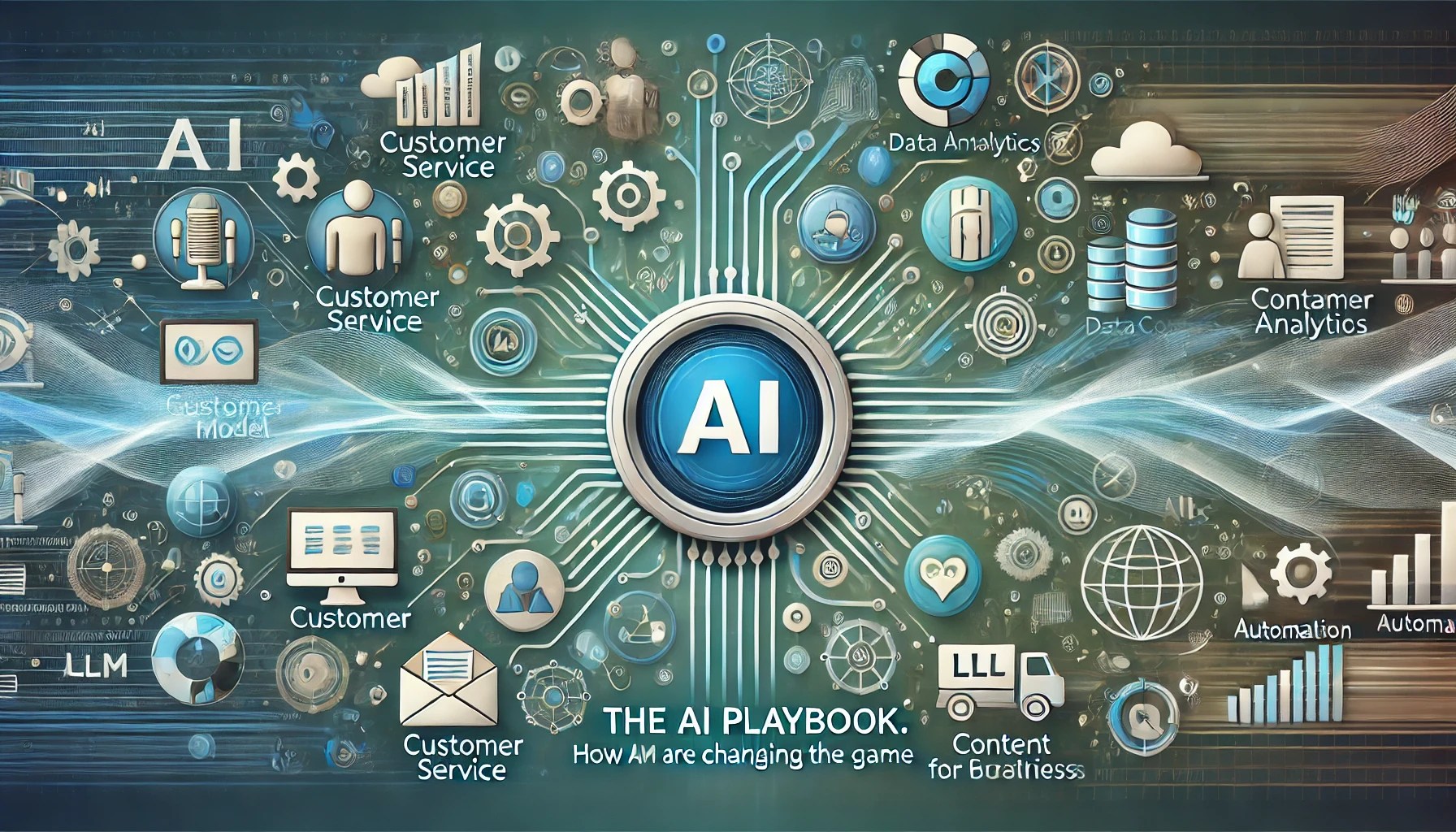 Here’s the image for "The AI Playbook: How LLMs are Changing the Game for Businesses," featuring an LLM hub connected to functions like customer service, data analytics, content creation, and automation. The design highlights innovation and transformation in a business-focused layout. Let me know if you'd like any adjustments!